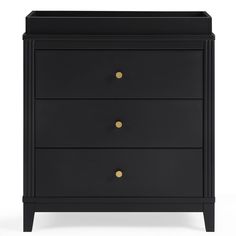 a black dresser with three drawers and gold knobs on the bottom, against a white background