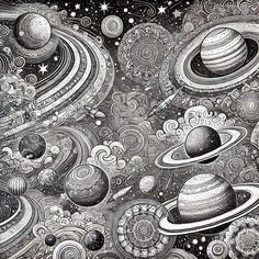 a drawing of planets and stars in the sky