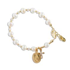 "These 14k gold-plated keepsake rosary bracelets are designed and hand-beaded in the USA using only the finest materials such as 14K gold-plated (over sterling silver) components, genuine soft pink or white freshwater pearls, sparkling silver accents, and adorned with an intricate gold cross charm and beautiful miraculous medal.  Each comes boxed in a gift box and makes a special keepsake for her special first communion day!   Special 1st communion gift for your goddaughter, granddaughter, niece or friend for her special day. (Bracelet measures 6 - 6.5\" with adjustable extension chain and fits the average 6-12 year old).   FREE SHIPPING - Ships within 1 business day! Matching Earrings: https://etsy.me/2UDMk2f Matching Necklace: https://etsy.me/2YXJrbP" Blessing Beaded Rosary Bracelet With Round Beads, Elegant Rosary Bracelet With Miraculous Medal Gift, Beaded Rosary Bracelet For Blessing, Elegant Rosary Bracelet With Miraculous Medal, Gold Beaded Pearl Charm Bracelet, Adjustable Gold Rosary For First Communion, Personalized Gold Rosary Bracelet For Baptism, Adjustable Gold Rosary Bracelet With 8mm Beads, Gold Rosary Bracelet With Round Beads Gift