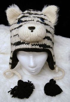 Delux White Tiger Hat Knit Adult Animal Costume Cap Black Flc Lined Toque Beanie Siberian Tiger, Boy Stuff, Hat Knit, Animal Hats, Quality Hats, Adult Halloween Costumes, White Tiger, Blue Eye, Crochet Beanie