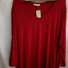 Beautiful Long Sleeved Red Tunic With Lace Sleeves. Would Look Great With Jeans Or A Skirt. Red Tunic Tops For Fall, Red Fall Tunic Top, Red Tunic Tops For Spring, Red Stretch Bohemian Top, Red V-neck Rayon Blouse, Red Flowy V-neck Blouse, Red Rayon Tops For Fall, Fall Red Rayon Blouse, Red Tunic