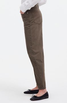 Anchored at the waist with an oversized fit, these barrel-leg, nonstretch jeans have darts at the knees for an articulated curved look. Zip fly with button closure Five-pocket style 100% cotton Machine wash, tumble dry Imported Brown Relaxed Fit Jeans With Tapered Leg, Brown Relaxed Fit Tapered Leg Jeans, Brown Tapered Leg Jeans With Belt Loops, Tapered Bottoms For Workwear, Barrel Leg Jeans, Leg Jeans, Madewell, Barrel, Nordstrom