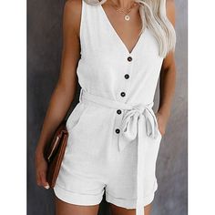 Season:Summer; Fabric:Cotton Blend; Sleeve Length:Sleeveless; Look After Me:Machine wash,Hand wash; Gender:Women's; Style:Casual,Streetwear; Elasticity:Micro-elastic; Occasion:Street,Daily,Going out,Weekend; Fit Type:Regular Fit; Pattern:Solid Color; Design:Pocket,Buttons,Lace up; Neckline:V Neck; Special Size:Normal; Jumpsuit Type:Romper,Playsuit; Front page:FF; Listing Date:03/29/2024; Production mode:External procurement; Bust:; Hips:; Length:; Waist:; Fit US Size:null; Fit UK Size:null; Fit Jumpsuit Casual, Peplum Tops, Solid Color Jumpsuits, Bow Shorts, Jumpsuit Outfit, Woman Weaving, Sleeveless Rompers, Sleeveless Jumpsuits, Short Jumpsuit