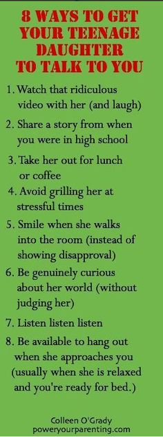 a green poster with the words 8 ways to get your teenage daughter to talk to you