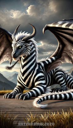 a black and white dragon sitting on top of a wooden floor next to a mountain