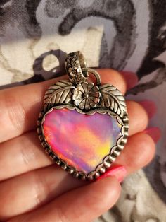 Handmade by me Sterling Silver Pendant synthetic opal, heart, pink,  flower, leaves, accents, beaded edge, scalloped bezel  2 inches Long by 1.25 Cowry Shell, Beaded Edge, Flower Leaves, Synthetic Opal, Pink Sunset, Floral Pendant, Pink Flower, Sterling Silver Pendant, Sterling Silver Pendants