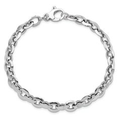 Rhodium over 14k white gold 7mm polished fancy link bracelet with a fancy lobster claw clasp. Formal White Gold Charm Bracelet, Anniversary White Gold Oval Link Chain Bracelet, Silver Tarnish Resistant Charm Bracelet For Formal Occasions, Classic White Gold Charm Bracelet With Silver Clasp, Modern White Gold Link Charm Bracelet, Elegant Formal Chain Bracelet With Stainless Steel Clasp, Classic Round Charm Bracelet With Polished Finish, Elegant Link Bracelet With Stainless Steel Clasp, Formal Jewelry With Stainless Steel Clasp And Link Shape