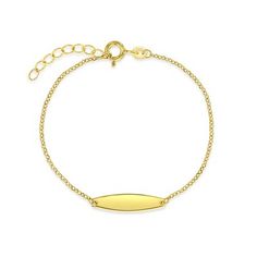 Celebrate your baby girls special day by gifting her with this beautiful thing engravable bracelet. A lightweight 5" bracelet crafted from 14k yellow gold that will fit safely and comfortably around your little girls small wrist. She will love to wear this toddlers engravable bracelet wherever she goes. Gift box included with. purchase. Classic 14k Gold Hypoallergenic Name Bracelet, Classic Hypoallergenic 14k Gold Name Bracelet, Personalized 14k Gold Hypoallergenic Bracelets, Dainty 14k Gold Bracelet For Personalized Gift, Dainty 14k Gold Bracelet As Personalized Gift, Dainty 14k Gold Nameplate Bracelet, Dainty Yellow Gold Name Bracelets, Elegant Hypoallergenic Nameplate Bracelet, Dainty Yellow Gold Bracelets With Name