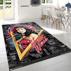 an area rug with the image of wonder woman on it