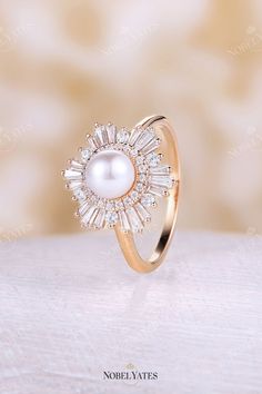 #akoyapearlring #engagementring #artdecoring #baguettering #floralring #vintagering #rosegoldring #diamondring #haloring Rose Gold Pearl Ring For Anniversary, Akoya Pearl Ring, Wedding Ring Antique, Vintage Halo, Pearl Engagement Ring, Diamond Baguette, Engagement Ring Art Deco, Thanks A Lot, Antique Wedding Rings