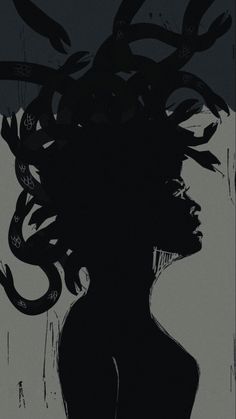 a black and white drawing of a woman's head with snakes in her hair