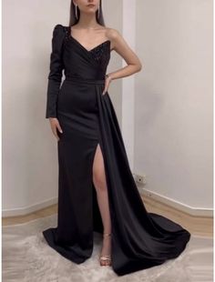 A-Line Evening Gown Elegant Dress Formal Court Train Black Dress Long Sleeve One Shoulder Satin with Pleats Ruched Sequin Black Satin Dress For Banquet, Black Long Sleeve Banquet Dress, Black Long Sleeve Dress For Banquet, Black Satin Prom Gown, Black One-shoulder Dress With Fitted Bodice, Black Satin Gown For Prom Season, Black Full-length Wedding Dress, Black Full Length Wedding Dress, Black Long Sleeve Gown For Prom