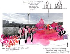 an image of people walking in the park with pink and red paint on it's walls