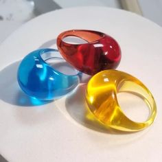 Set Of 3 Transparent Bubble Rings Comes With Blue, Red, & Yellow Tags Kawaii Rave Club Party Boho Bohemian Hippie Hippy Gypsy Punk Rock And Roll Grunge Edgy Alternative Contemporary Modern Concert Festival Unique Trending Trendy 60s 70s 80s 90s 00s Y2k Statement Spring Summer Beach Retro Vintage Streetwear Casual Goth Gothic Emo Hot Topic Dolls Kill Current Mood Iron Fist Blackmilk Tripp Trendy Red Party Rings, Trendy Blue Ring For Parties, Trendy Blue Party Ring, 80s Rings, Rings Set For Women, Bubble Ring, Wallpaper Project, Acrylic Ring, Metallic Party