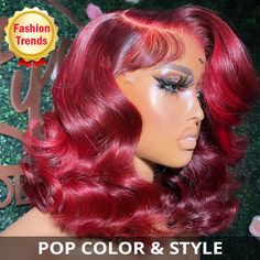 Short Dark Red Hair, Lace Side Part, Red Hair Wig, Green Hair Dye, Auburn Red, Frontal Wig Hairstyles, Dark Red Hair, Short Curls, Pretty Hair Color