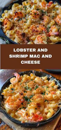 lobster and shrimp macaroni and cheese casserole in a cast iron skillet