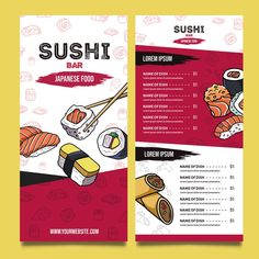 a sushi bar menu with different types of sushi and other foods on it