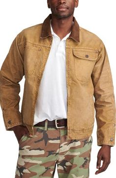 This casual-cool khaki jacket is crafted from pure cotton with a contrasting cord collar and handy pockets. Front zip closure Spread collar Long sleeves with button cuffs Chest patch pockets; side pockets Belted back 100% cotton Machine wash, tumble dry Imported Rugged Cotton Utility Jacket With Flap Pockets, Rugged Cotton Utility Jacket With Pockets, Rugged Long Sleeve Khaki Utility Jacket, Rugged Khaki Long Sleeve Utility Jacket, Brown Cotton Utility Jacket With Patch Pockets, Casual Utility Jacket With Corduroy Collar For Outdoor, Cotton Outerwear With Corduroy Collar For Outdoor, Cotton Outerwear With Corduroy Collar, Khaki Utility Jacket With Corduroy Collar