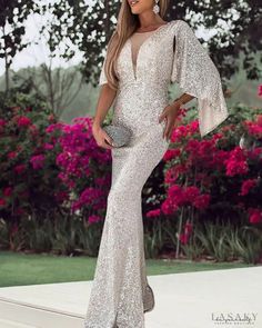 Lasaky - Sheer Mesh Sequin Mermaid Evening Dress Silver Evening Gowns, Line Dresses, Sequin Sleeve, Fishtail Dress, A Line Dresses, Half Sleeve Dresses, Mermaid Evening Dresses, Fashion Elegant, Hip Dress