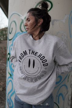 Ain't no hood like Motherhood. Classic crewneck sweatshirt in Ash Grey. Matching Sweatpants available! Size + Fit - Model is wearing a sz L and is 5'1 - Unisex Fit Casual Mom Outfits, Fall Outfits Women Casual, No Hood Like Motherhood, Casual Mom Style, Casual Outfits For Moms, Cute Sweatshirts, Mom Sweatshirt, Mom Outfits, Oversized Sweatshirt