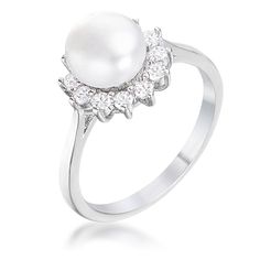 .36Ct Rhodium Plated Freshwater Pearl and CZ Halo Ring Stone Cut: Round Pearl Halo Ring, Pearl Halo, Round Halo Ring, Pearl Engagement Ring, Round Halo, Pearl And Diamond Ring, Halo Diamond Ring, Cz Ring, Pearl Diamond