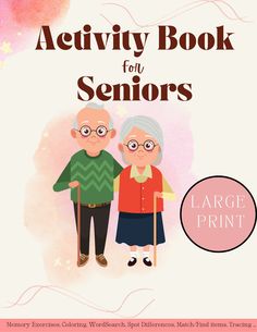 an older couple standing next to each other with the words activity book for seniors on it