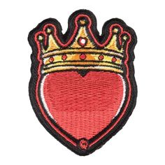 a red and gold crown patch on a white background