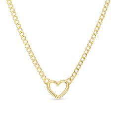 Perfect for layering or worn on its own, this classic statement piece features an 18-inch curb chain set in timeless 10K yellow gold. A beautiful heart-shaped silhouette sits in the middle to finish the look. The necklace boasts a high polish finish and secures with a lobster clasp. Yellow Gold Heart Chain Necklace With Delicate Chain, Everyday Yellow Gold Heart Chain Necklace, Heart-shaped Yellow Gold Chain Necklace With Cable Chain, 14k Gold Heart Chain Necklace, Yellow Gold Open Heart Necklace With Adjustable Chain, Tarnish Resistant Yellow Gold Open Heart Charm Necklace, Thick Chain Necklace, Curb Chain Necklace, Necklace Clasps