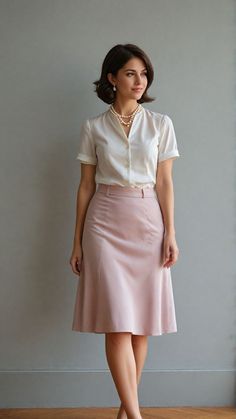 Knee Length A Line Skirt, Women Office Outfits Skirt, Blouse And Skirt Outfit Formal, A Line Skirt And Blouse, Work Outfits Women Office Skirt, Outfits With Knee Length Skirts, Classic Modest Outfits, Office Blouses For Women, Skirt Formal Outfit