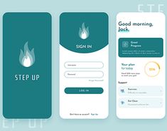 three mobile phone screens showing the steps to sign up and how to set up them