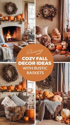 cozy fall decor ideas with rustic baskets and pumpkins in the living room or dining room