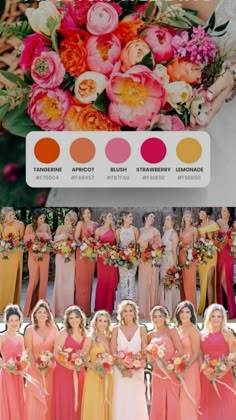 the bridesmaids are all wearing different colored dresses