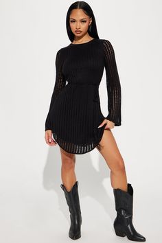 Available In Black. Crochet Mini Dress Long Bell Sleeves Scoop Neckline Waist Tie w/ Tassel Detail Round Hem Backless Lined Stretch 100% Acrylic Imported | Daydream Crochet Mini Dress in Black size Medium by Fashion Nova Crochet Dress Pattern Free, Long Bell Sleeves, Crochet Mini Dress, Crochet Dress Pattern, Black Crochet, Dress Long, Crochet Dress, Waist Tie, Mini Black Dress