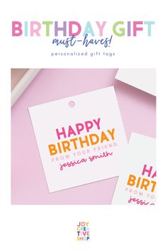 birthday gift tags with the words happy birthday written on them and an image of a pink background