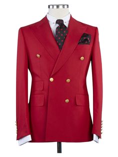 Luxury Double-breasted Wedding Outerwear, Tailored Wedding Blazer With Covered Buttons, Red Double-breasted Blazer For Formal Occasions, Elegant Double-breasted Three-piece Suit With Button Closure, Elegant Red Blazer With Buttons, Fitted Outerwear With Double Button Closure For Wedding, Elegant Tailored Red Suit, Luxury Red Single Breasted Blazer, Classic Wedding Blazer With Covered Buttons