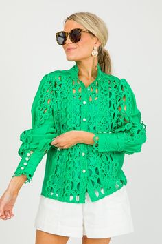 Pearl Button Crochet Top, Green - New Arrivals - The Blue Door Boutique Spring Eyelet Button-up Top, Green Spring Tops With Button Closure, Elegant Green Tops With Lace Trim, Elegant Green Lace Trim Top, Elegant Green Top With Lace Trim, Spring Green Blouse With Lace Trim, Fitted Green Blouse With Lace Top, Fitted Green Lace Top Blouse, Green Lace Top Blouse For Summer