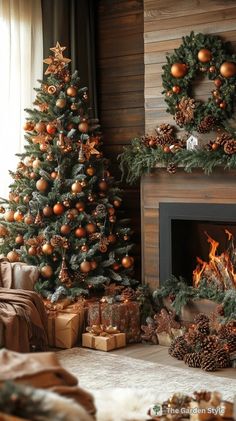 a decorated christmas tree sitting next to a fire place