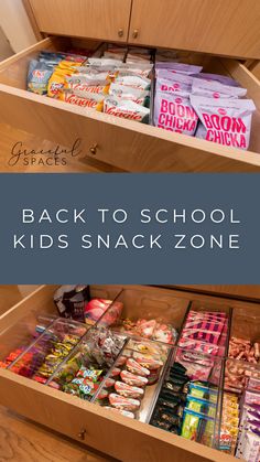 the back to school kids's snack zone is organized with clear bins and drawers