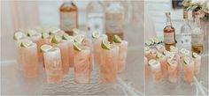 there are many glasses filled with drinks and garnished with limes on the table