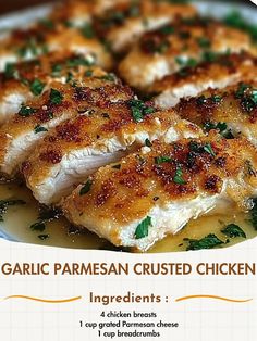 the ingredients for garlic parmesan crusted chicken are displayed on a white plate