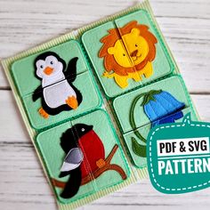 the pattern is made from felt and has different animals on it, including an elephant, penguin