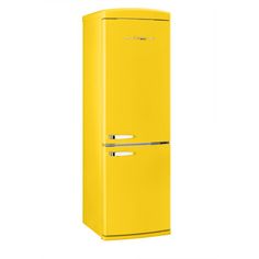 a yellow refrigerator freezer sitting on top of a white wall