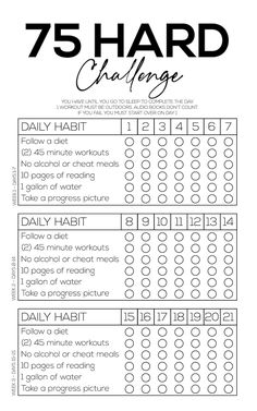 a printable workout log with the words, 75 hard challenge and daily habit on it