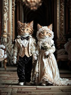 two cats dressed in wedding attire standing next to each other