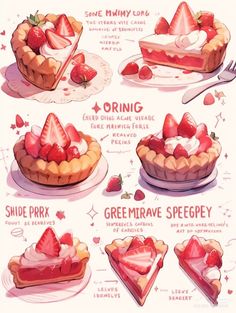 the different types of strawberry pies are shown in this cartoon style, with instructions to make them look like they're eating