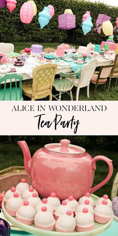 a tea party with pink and blue decorations