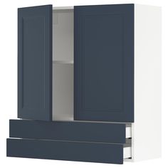 a white and blue kitchen cabinet with two doors on one side and an open door on the other