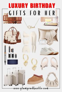 a bunch of items that are on top of a white background with the words luxury birthday gifts for her