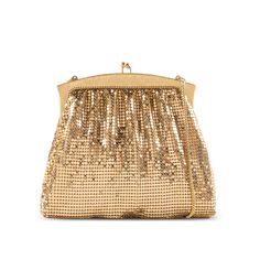 Whiting & Davis gold-coloured metal mesh minaudière. The interior is lined in fabric and has a single compartment, with an open side pocket. Kiss-lock closure and shoulder chain strap. HANDLE Shoulder gold-coloured chain strap. CLOSURE Kiss-lock closure with gold-coloured frame. MATERIAL Made in gold-coloured metal mesh. The interior is lined in gold-coloured fabric. FUNCTIONALITY It has a single compartment, with an open side pocket in fabric. The lining is reinforced with a thick interlining t Classic Gold Clutch For Events, Gold Rectangular Bag For Gala, Elegant Yellow Gold Evening Bag, Classic Clutch With Chain Strap For Party, Gold Clutch Bag For Gala, Luxury Gold Clutch For Cocktail, Classic Gold Evening Bag For Formal Occasions, Gold Clutch For Gala, Gold Bags For Gala