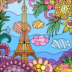 the eiffel tower is surrounded by flowers and butterflies in this stained glass window